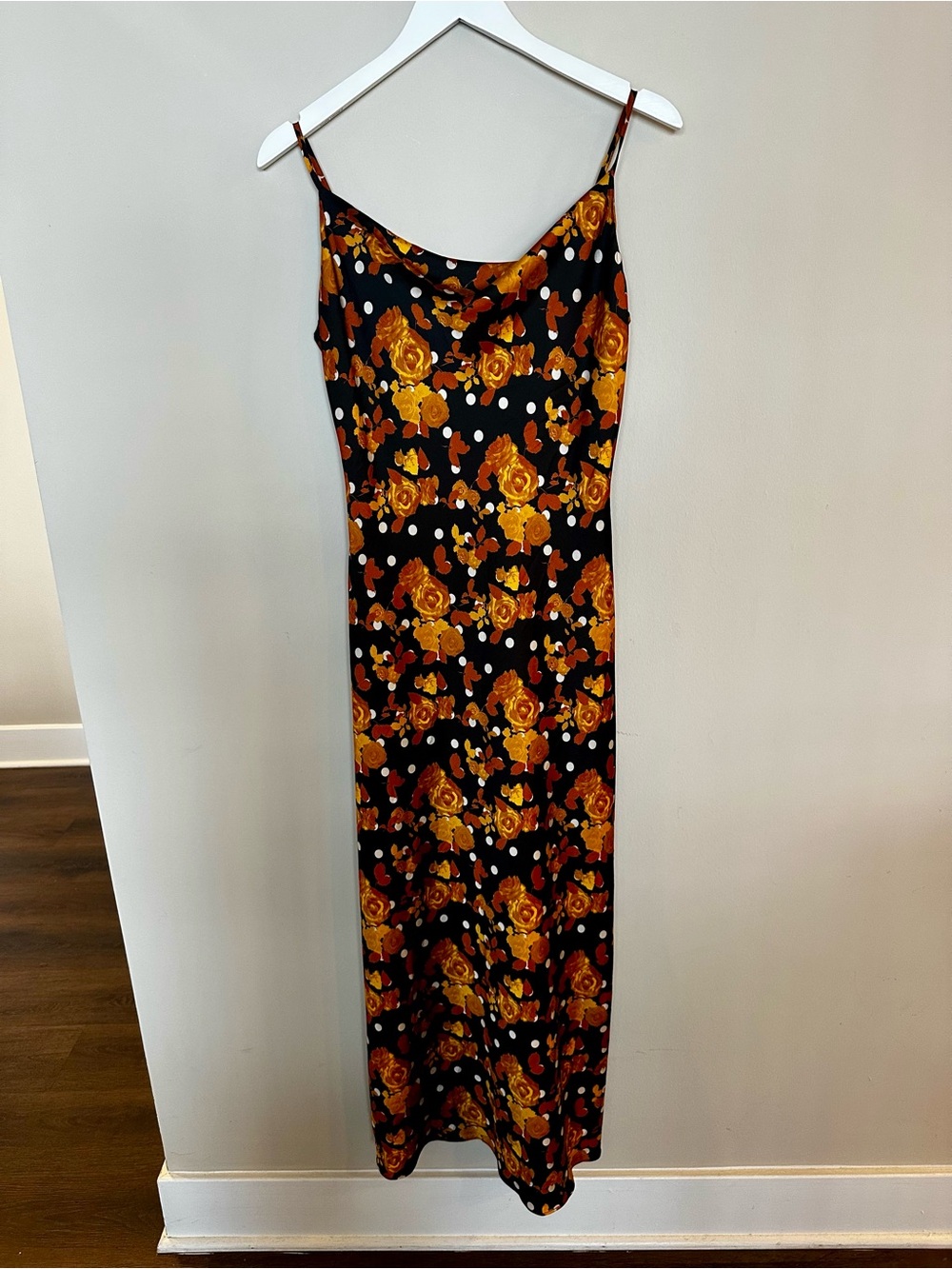 Glamorous Black Maxi Slip Dress with Gold Floral Print and White Dots